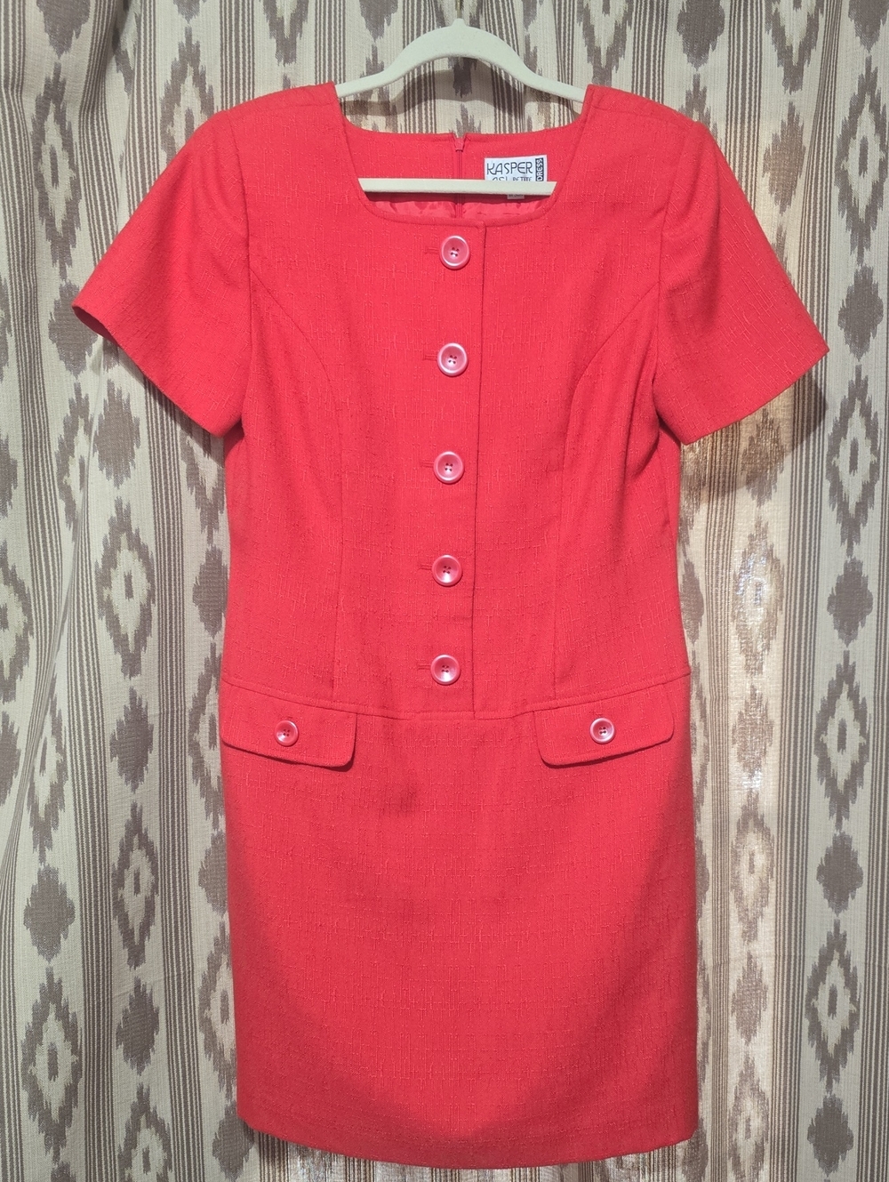 Kasper Coral-Red Short Sleeve Button Front Sheath Dress